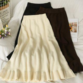 Embossed Ruffle-hem Knit Midi Skirt