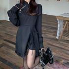 Long-sleeve Frill Trim Mini A-line Qipao Dress