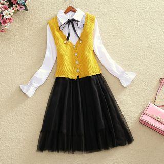 Set: Knit Vest + Long-sleeve Mock Two Piece Dress