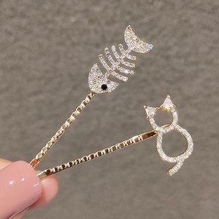 Set Of 2: Rhinestone Cat & Fish Hair Pin 2 Pcs - Ly454 - Gold - One Size