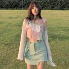 Long-sleeve Paneled Crop T-shirt Beige & Pink - One Size