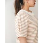 Plus Size Elbow-sleeve Faux-pearl Button Stripe Top