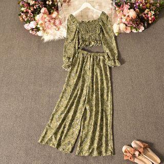 Set: Floral Ruffle Trim Cropped Blouse + Wide-leg Pants