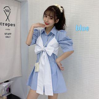 Set: Short-sleeve A-line Shirt Dress + Bow Strappy Top