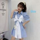 Set: Short-sleeve A-line Shirt Dress + Bow Strappy Top