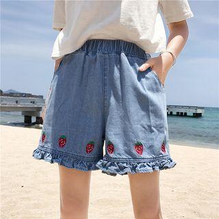 Strawberry Embroidery Denim Shorts