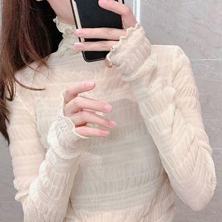 Turtleneck Lettuce Edge Mesh Top