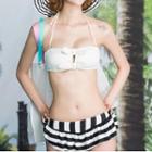Set: Bow Keyhole Front Bikini Top + Striped Swim Skirt