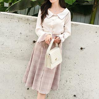Set: Collared Long-sleeve Blouse + Plaid Midi A-line Skirt