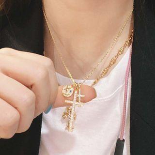 Rhinestone Cross & Smiley Pendant Necklace As Shown In Figure - One Size