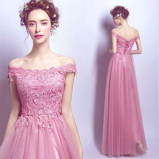 Short-sleeve Off Shoulder Lace A-line Evening Gown