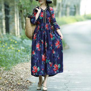 3/4-sleeve Embroidery Trim Floral Print A-line Midi Dress