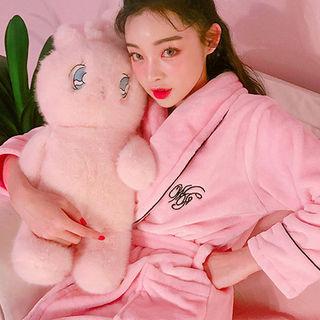 Shawl-collar Lettering Coral-fleece Robe