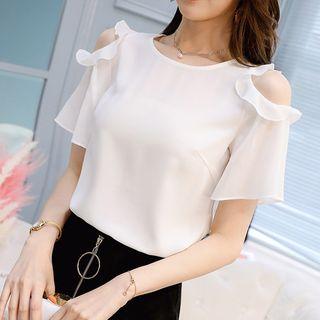 Frill Trim Cut Out Shoulder Short Sleeve Chiffon Blouse