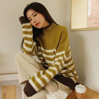 High-neck Slit-side Stripe Sweater