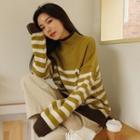 High-neck Slit-side Stripe Sweater