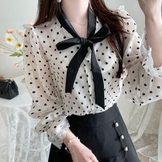 Tie-neck Lace-trim Dotted Blouse Ivory - One Size