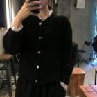 Long-sleeve Lace Trim Knit Cardigan Black - One Size