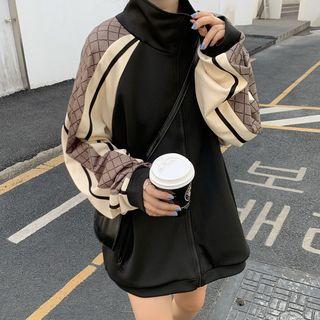Argyle Print Paneled Zip Jacket Black - One Size