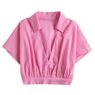 Short-sleeve Open Collar Cropped Blouse