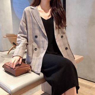 Plaid Blazer / Sleeveless Midi Knit Dress
