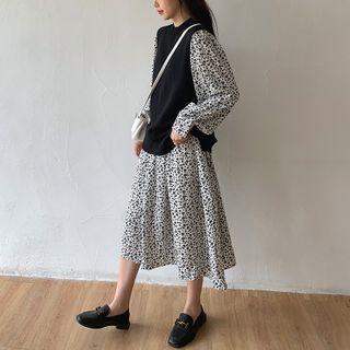 Long-sleeve Loose Floral Chiffon Dress White - One Size