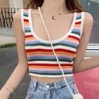 Striped Ribbed Cropped Tank Top Rainbow - Red & White & Green & Blue - One Size