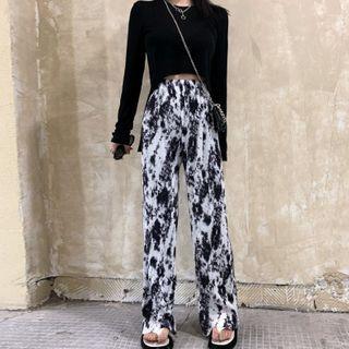 Long-sleeve Cropped T-shirt / Splatter Print Wide-leg Pants