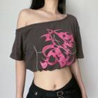 Short-sleeve Cold Shoulder Graphic Print Chained Crop Top