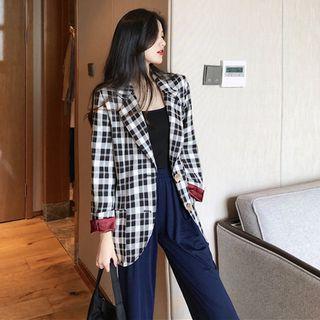 Long-sleeve Plaid Blazer Black & White - One Size
