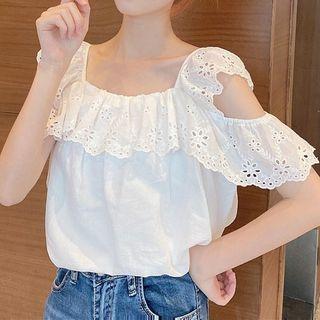 Cutout Shoulder Lace Trim Plain Blouse