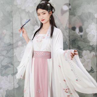 Hanfu Set: Long-sleeve Top + Short-sleeve Top + Camisole + Maxi Skirt + Scarf