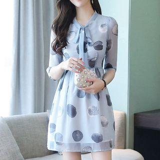 Print Elbow-sleeve Tie-neck A-line Dress