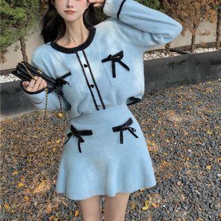 Set: Contrast Trim Bow Knit Top + Ruffle Hem Mini A-line Skirt