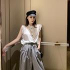 Frilled Sleeveless Blouse / Check High-waist Loose-fit Cropped Pants
