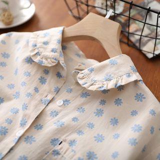 Long-sleeve Ruffle Trim Floral Blouse Khaki - One Size