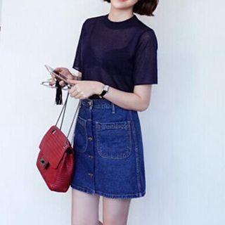 Button Down A-line Denim Skirt