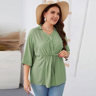 Plus Size Elbow-sleeve Henley Blouse