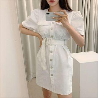 Contrast Stitching Puff-sleeve Mini Sheath Shirtdress