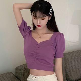 Puff-sleeve V-neck Knit Top