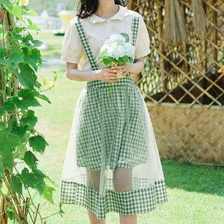 Mesh Overlay Plaid Jumper Skirt