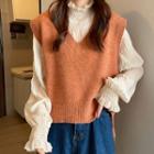 V-neck Knit Vest / High-neck Ruched Long-sleeve Top