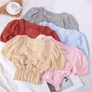 Ruched Checker Crop Blouse