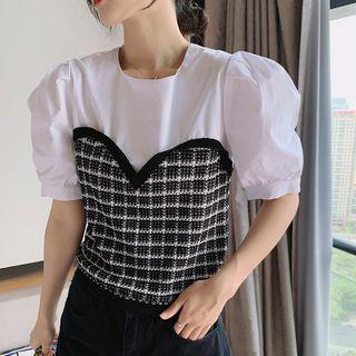 Puff-sleeve Plaid Panel T-shirt