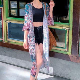 Flower Print Open Front Long Light Jacket As Shown In Figure - One Size