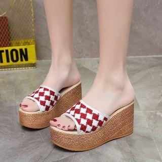 Platform Wedge Heel Argyle Print Slide Sandals