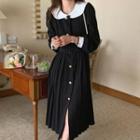 Ruffle Collar Single-breasted Accordion Pleat Maxi Dress