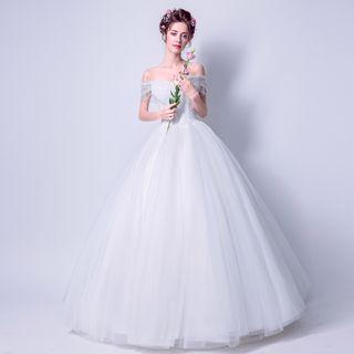 Off-shoulder Beaded Fringe Ball Gown Wedding Dress