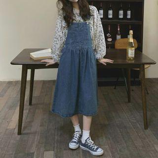 Denim Midi A-line Overall Dress / Floral Blouse