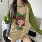 Long-sleeve Print Raglan T-shirt Avocado Green - One Size